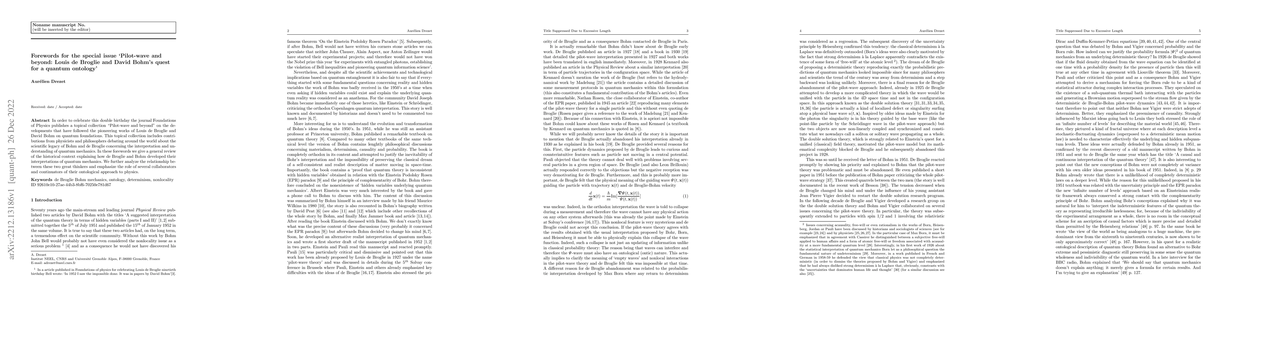 Thumbnail for Forewords for the special issue `Pilot-wave and beyond: Louis de Broglie
  and David Bohm's quest for a quantum ontology'