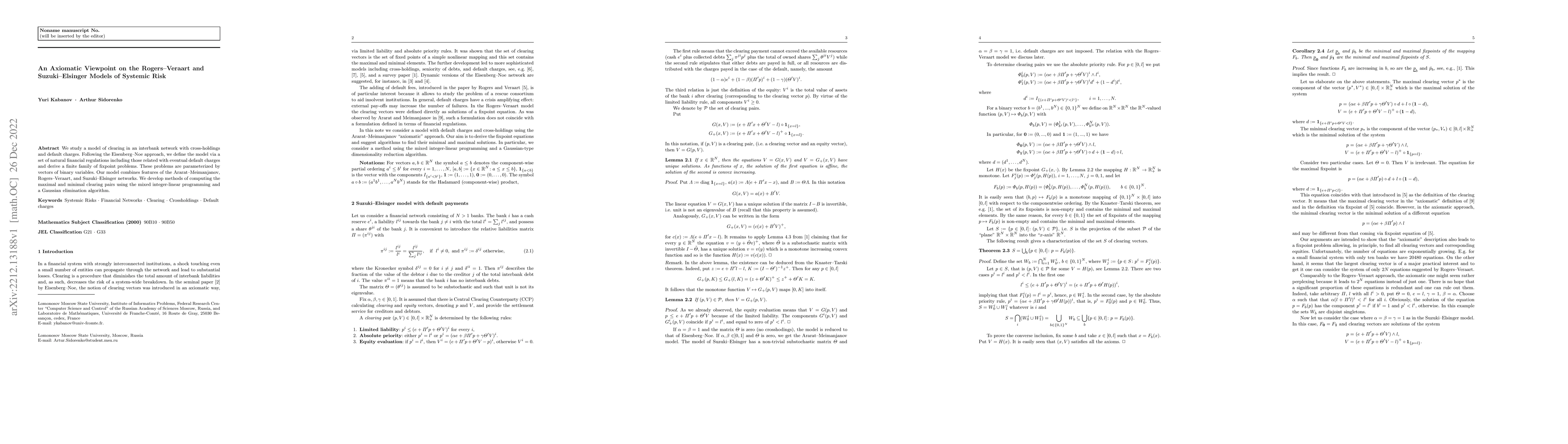 Thumbnail for An Axiomatic Viewpoint on the Rogers--Veraart and Suzuki--Elsinger
  Models of Systemic Risk