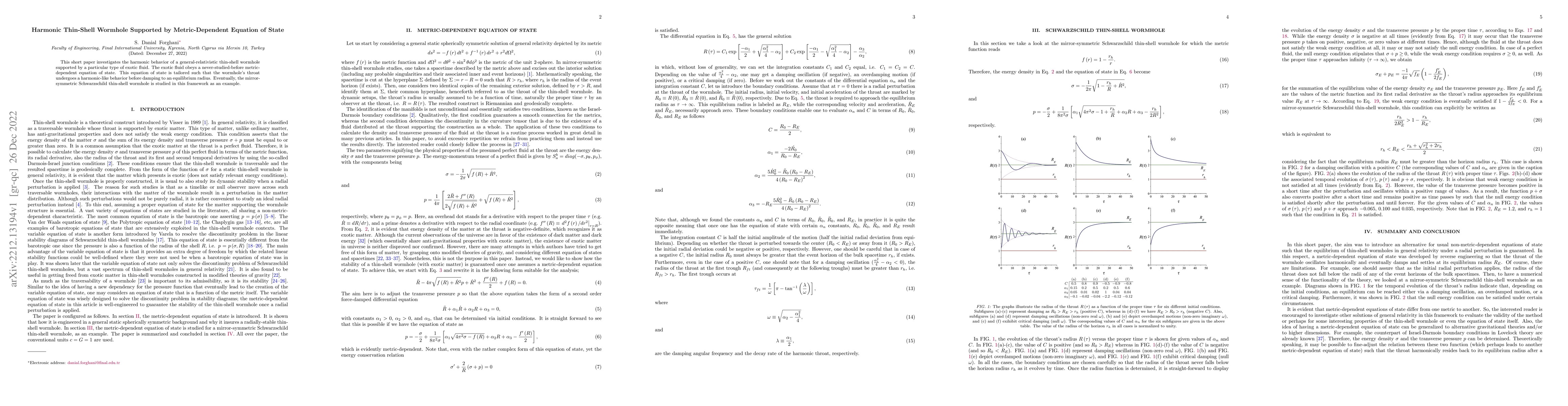 Thumbnail for Harmonic Thin-Shell Wormhole Supported by Metric-Dependent Equation of
  State