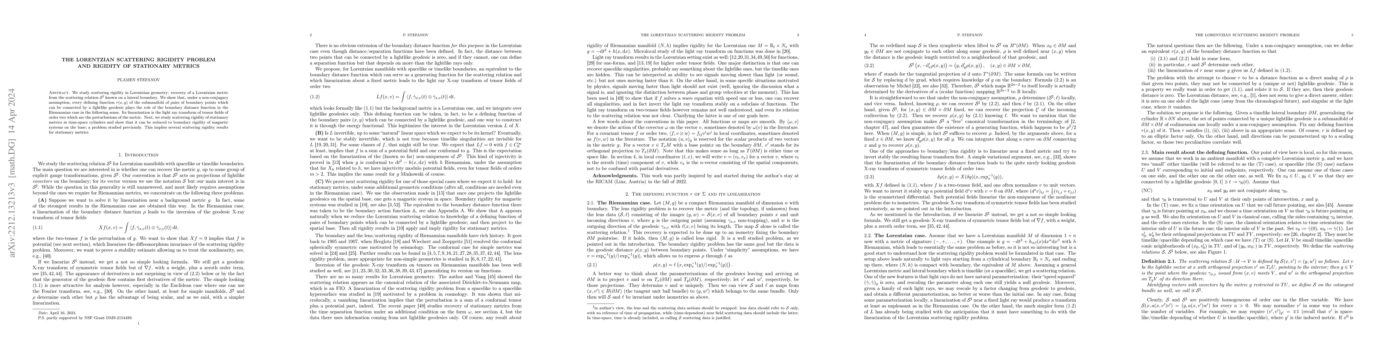 Thumbnail for The Lorentzian scattering rigidity problem and rigidity of stationary
  metrics