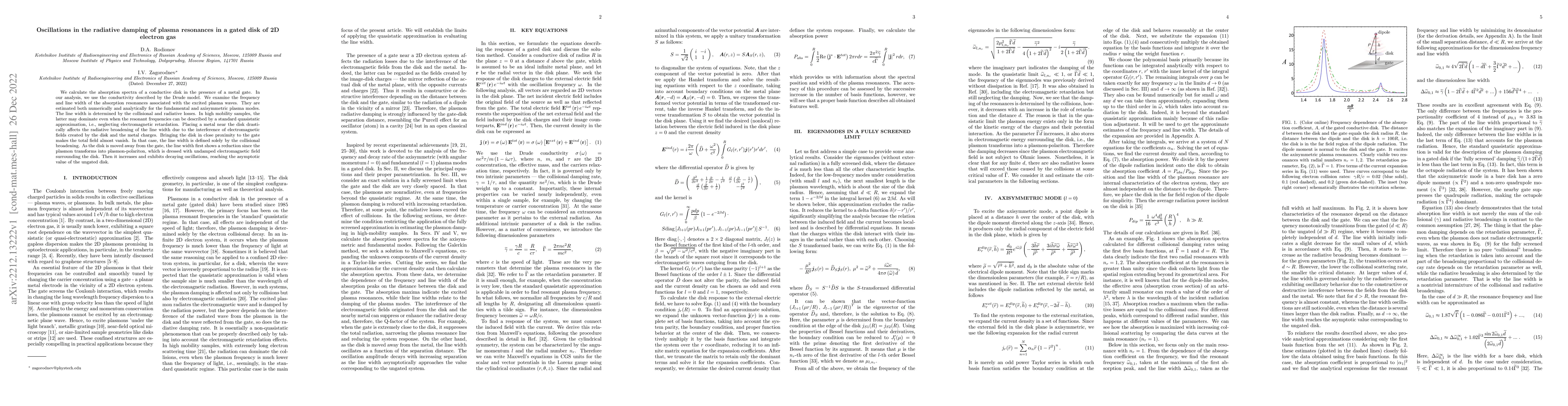 Thumbnail for Oscillations in the radiative damping of plasma resonances in a gated
  disk of 2D electron gas