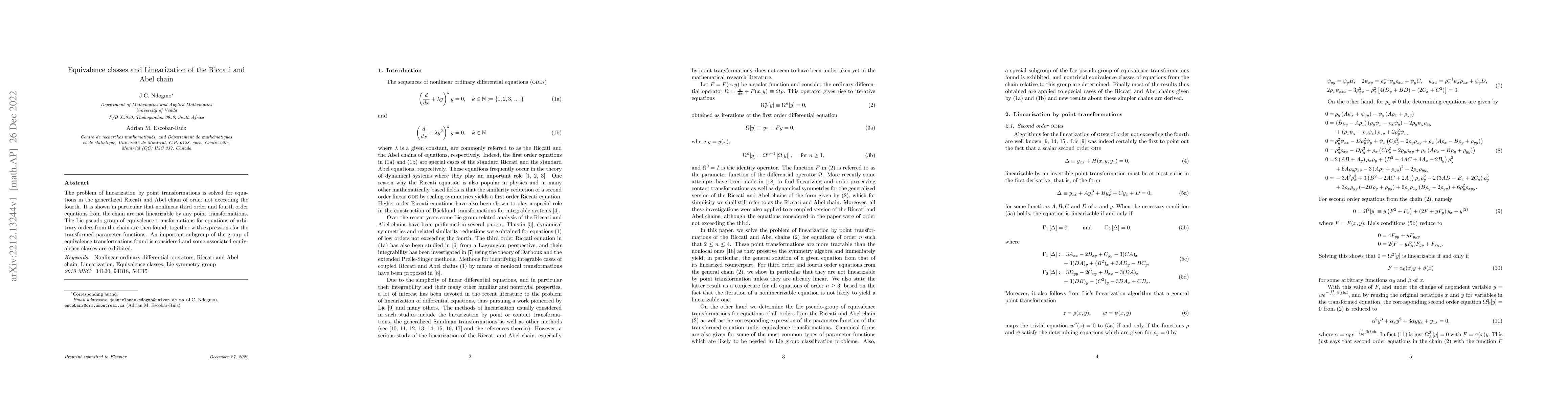 Thumbnail for Equivalence classes and Linearization of the Riccati and Abel chain