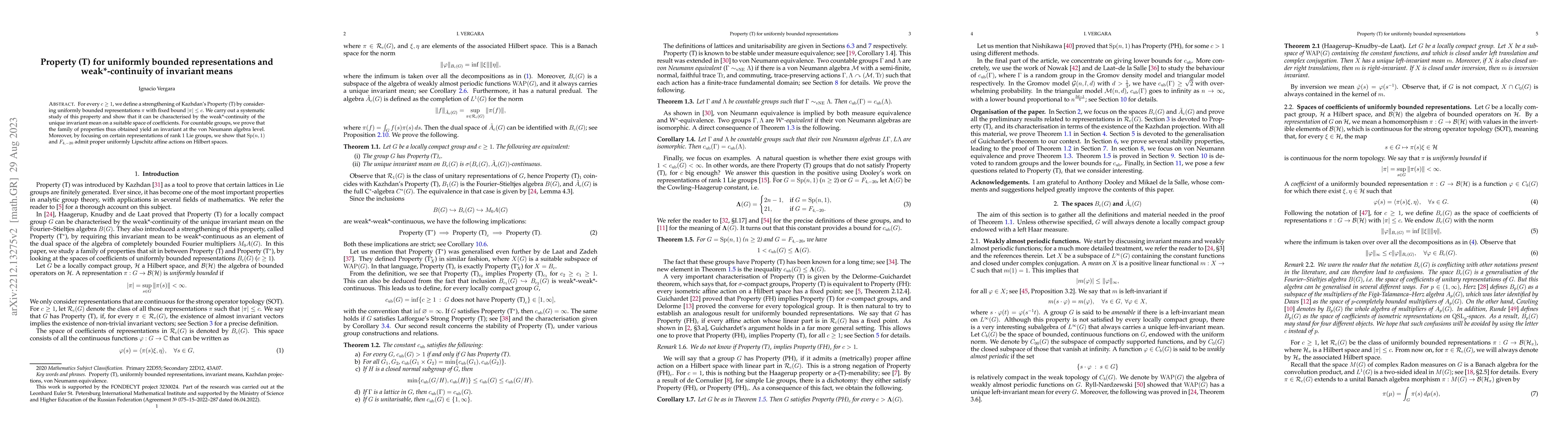 Thumbnail for Property (T) for uniformly bounded representations and weak*-continuity
  of invariant means