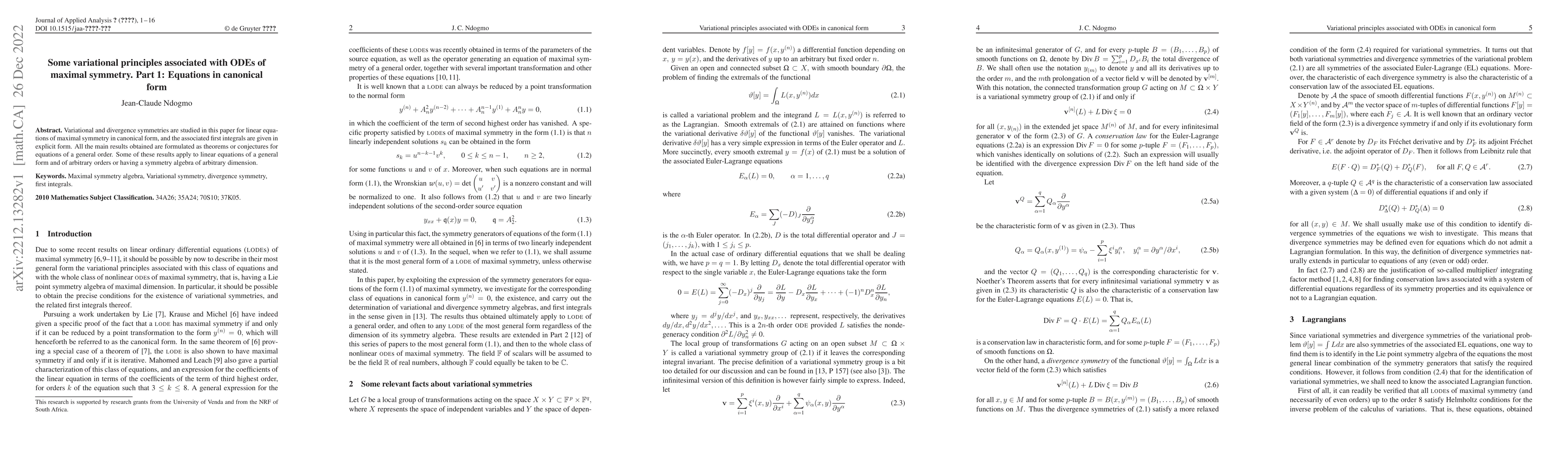 Thumbnail for Some variational principles associated with ODEs of maximal symmetry.
  Part 1: Equations in canonical form