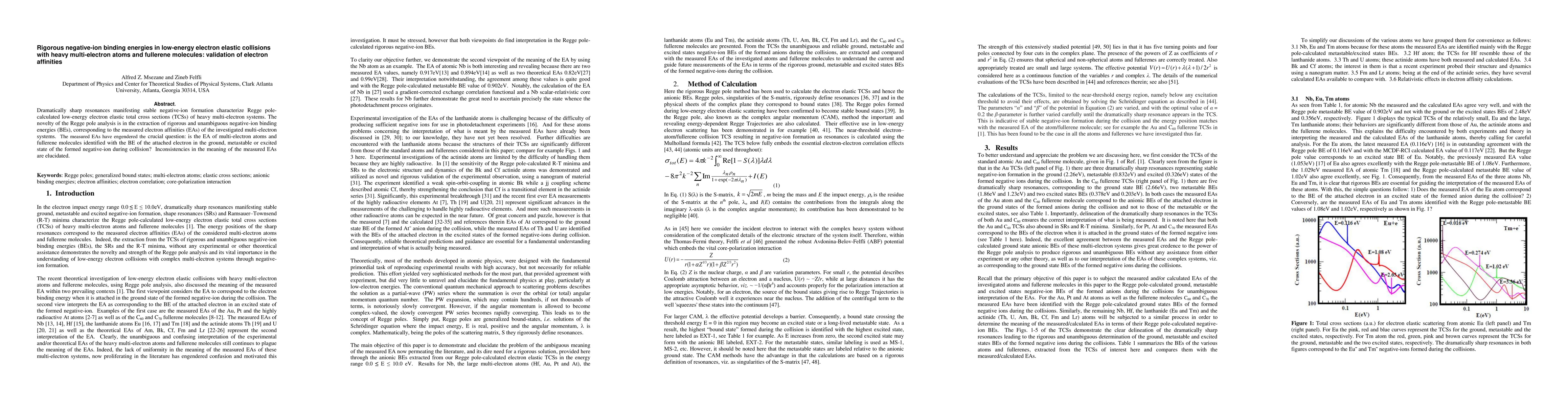 Thumbnail for Rigorous negative-ion binding energies in low-energy electron elastic
  collisions with heavy multi-electron atoms and fullerene molecules:
  validation of electron affinities