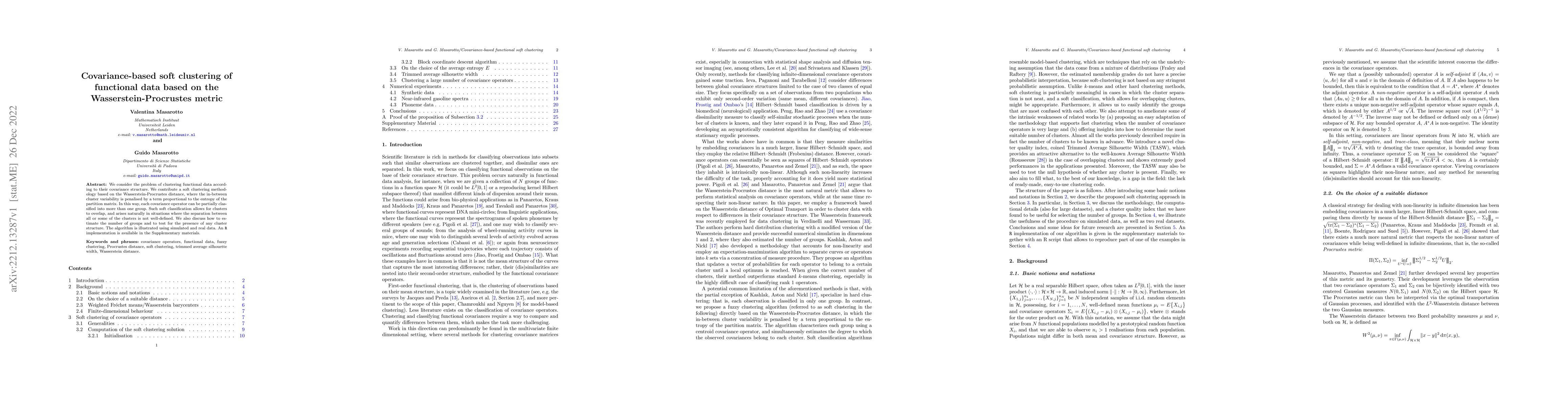Thumbnail for Covariance-based soft clustering of functional data based on the
  Wasserstein-Procrustes metric