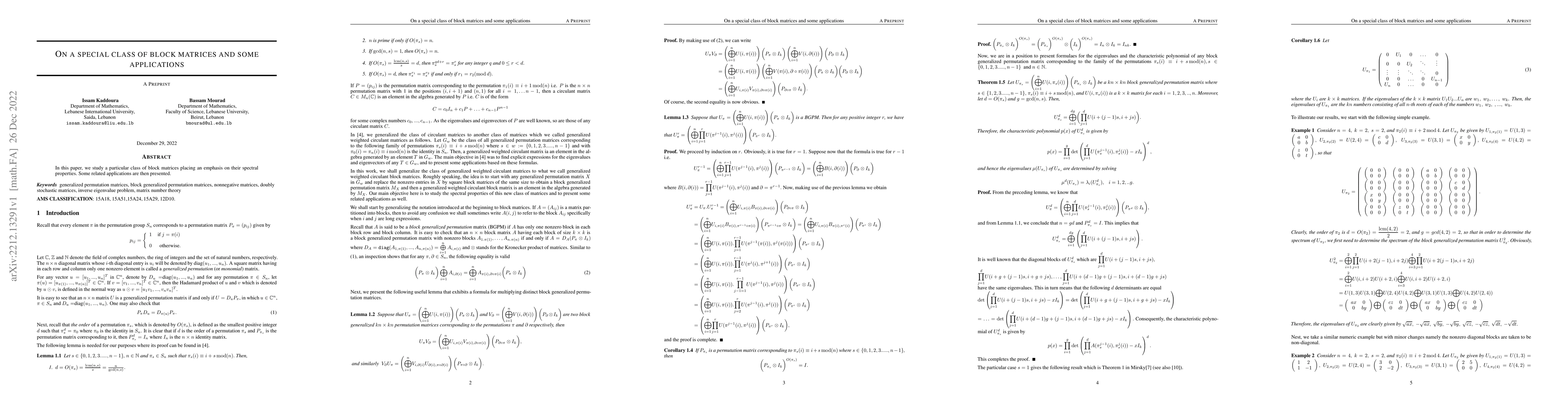 Thumbnail for On a special class of block matrices and some applications