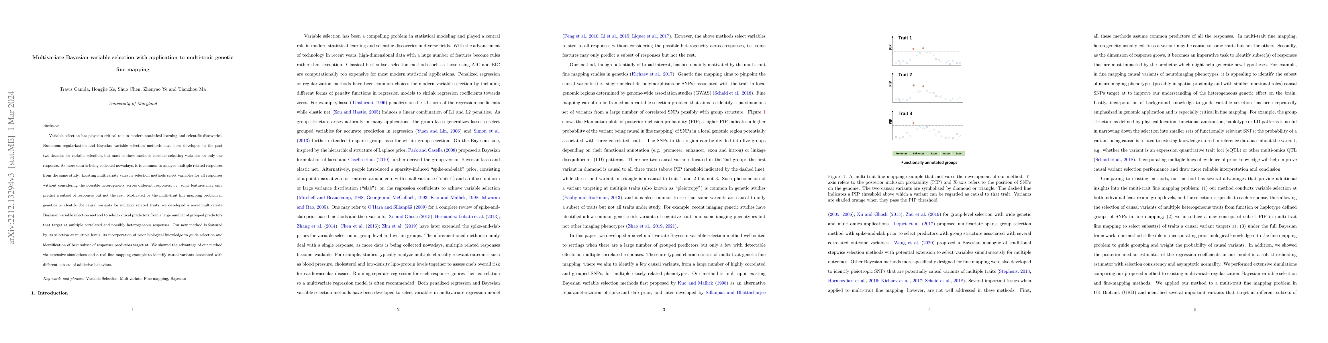 Thumbnail for Multivariate Bayesian variable selection with application to multi-trait
  genetic fine mapping