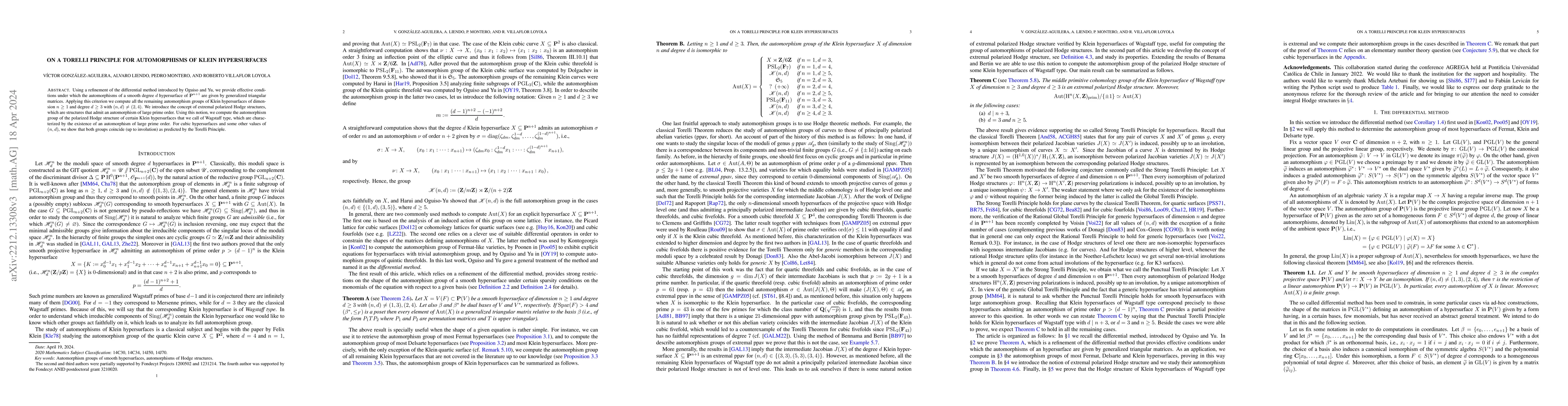 Thumbnail for On a Torelli Principle for automorphisms of Klein hypersurfaces