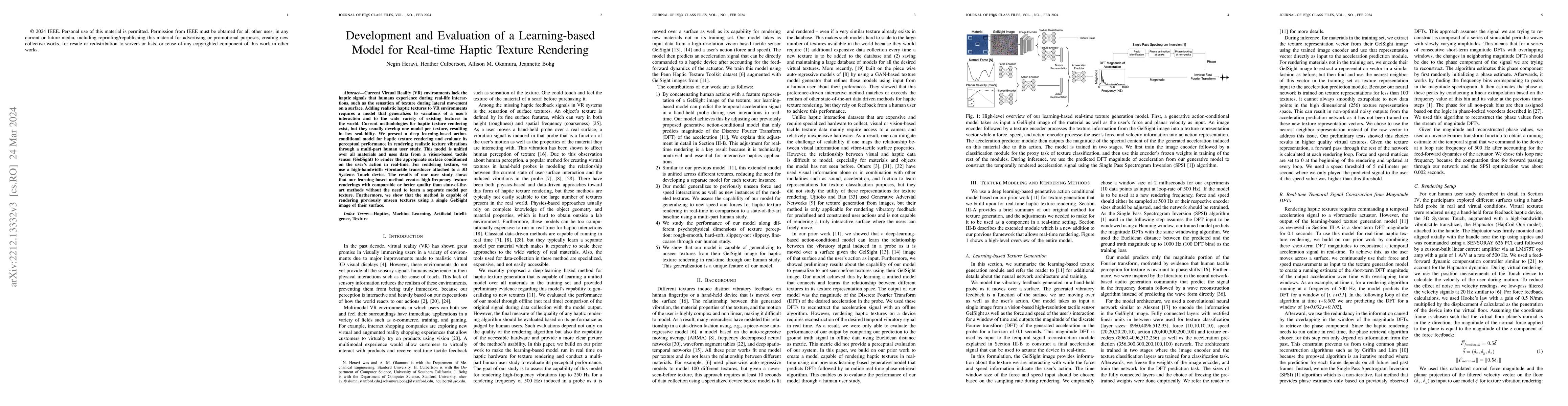 Thumbnail for Development and Evaluation of a Learning-based Model for Real-time
  Haptic Texture Rendering