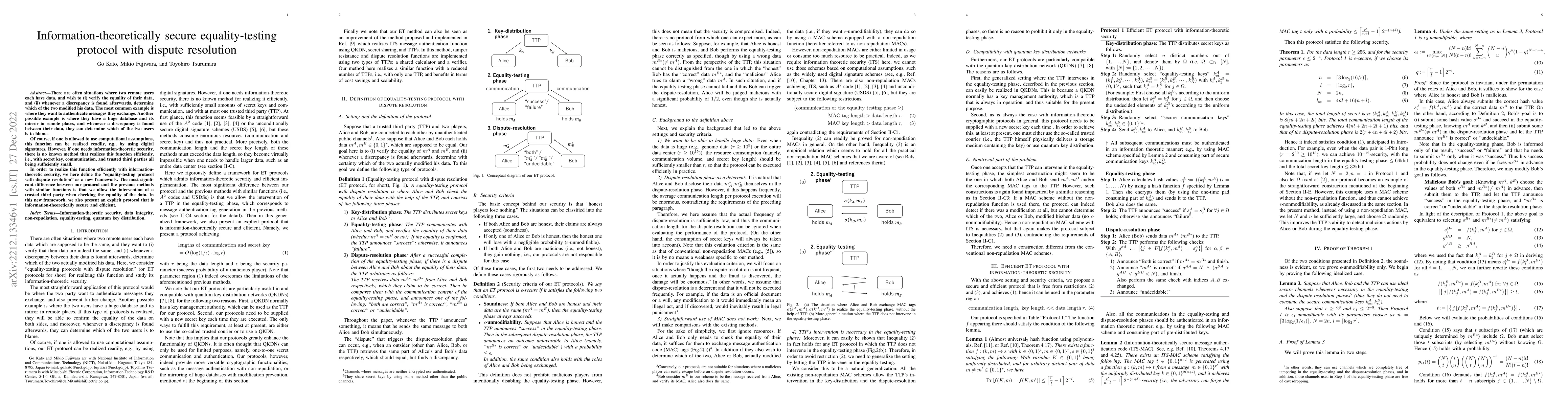 Thumbnail for Information-theoretically secure equality-testing protocol with dispute
  resolution