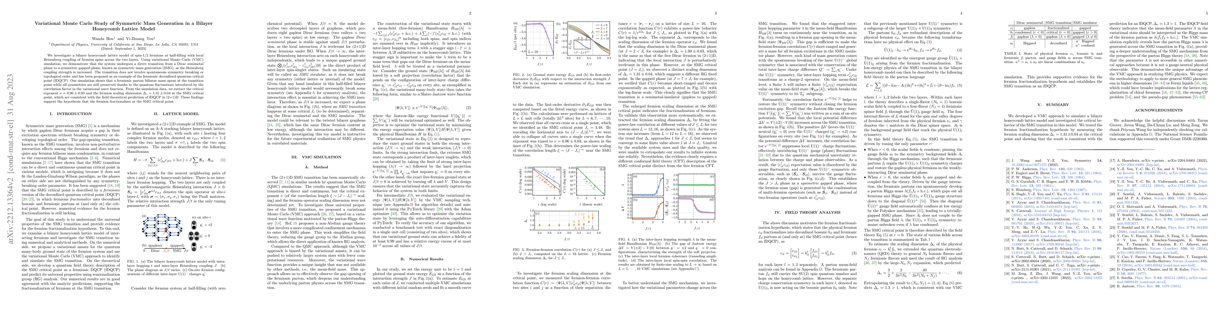 Thumbnail for Variational Monte Carlo Study of Symmetric Mass Generation in a Bilayer
  Honeycomb Lattice Model