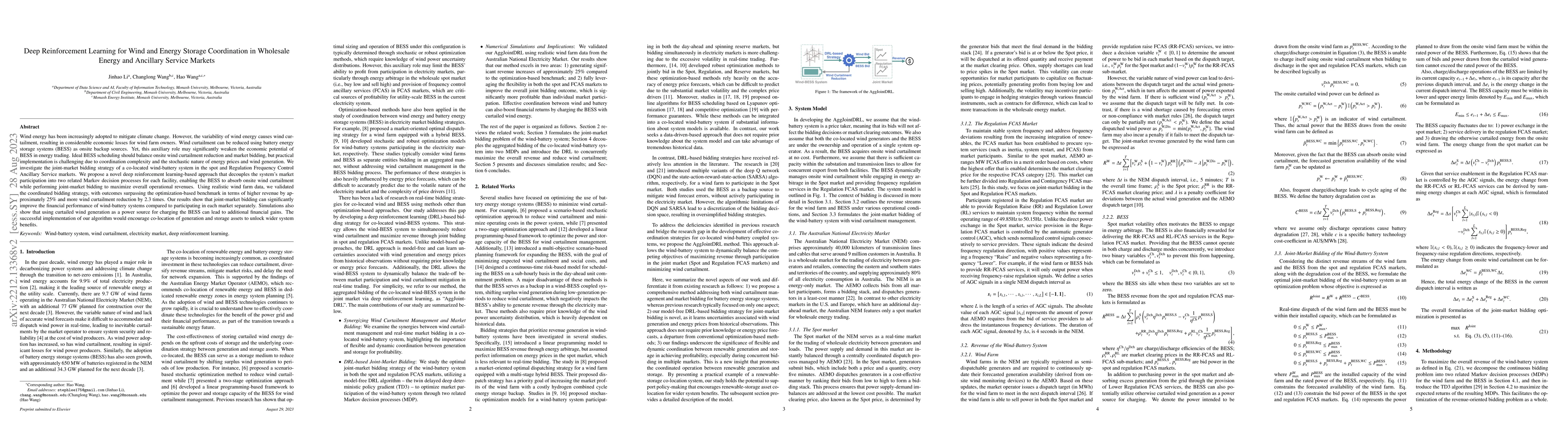 Thumbnail for Deep Reinforcement Learning for Wind and Energy Storage Coordination in
  Wholesale Energy and Ancillary Service Markets