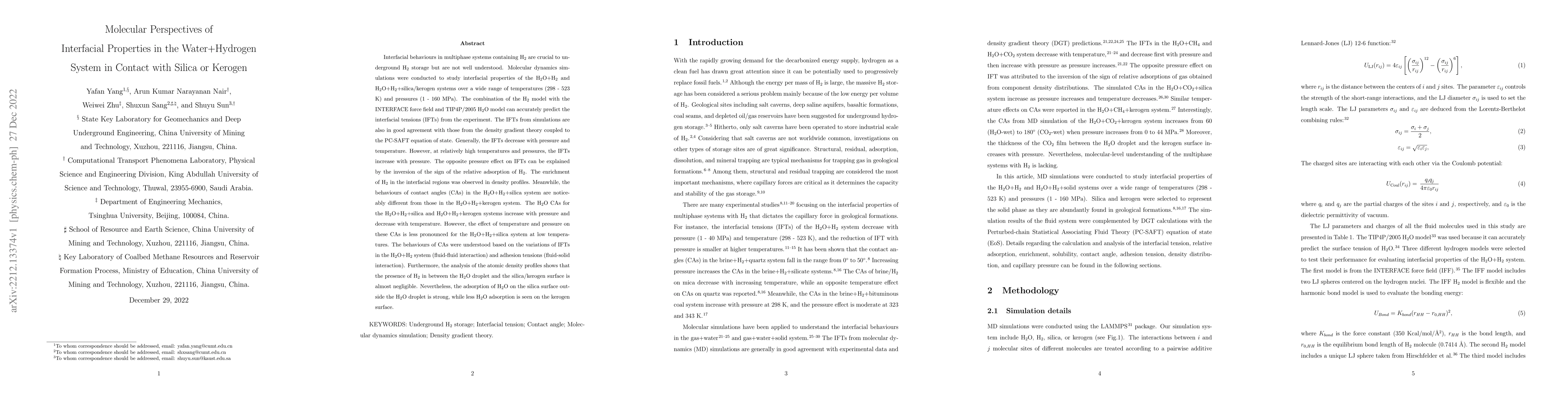 Thumbnail for Molecular Perspectives of Interfacial Properties in the Water+Hydrogen
  System in Contact with Silica or Kerogen
