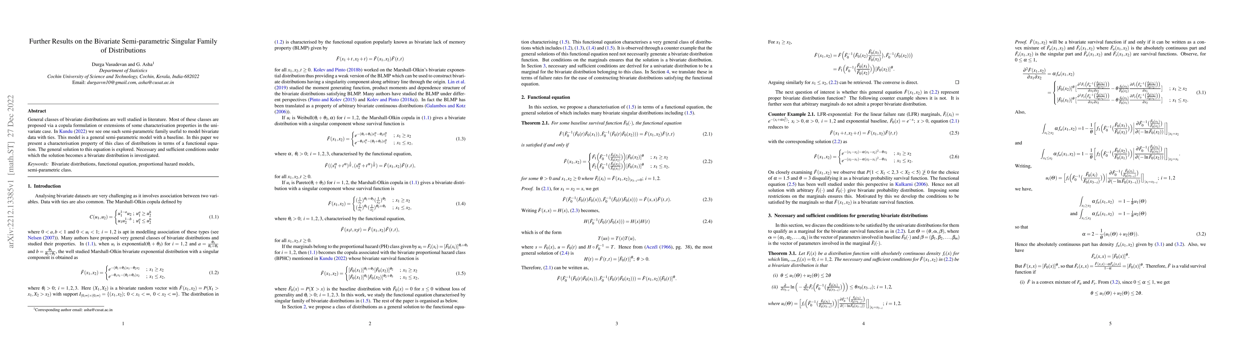 Thumbnail for Further Results on the Bivariate Semi-parametric Singular Family of
  Distributions