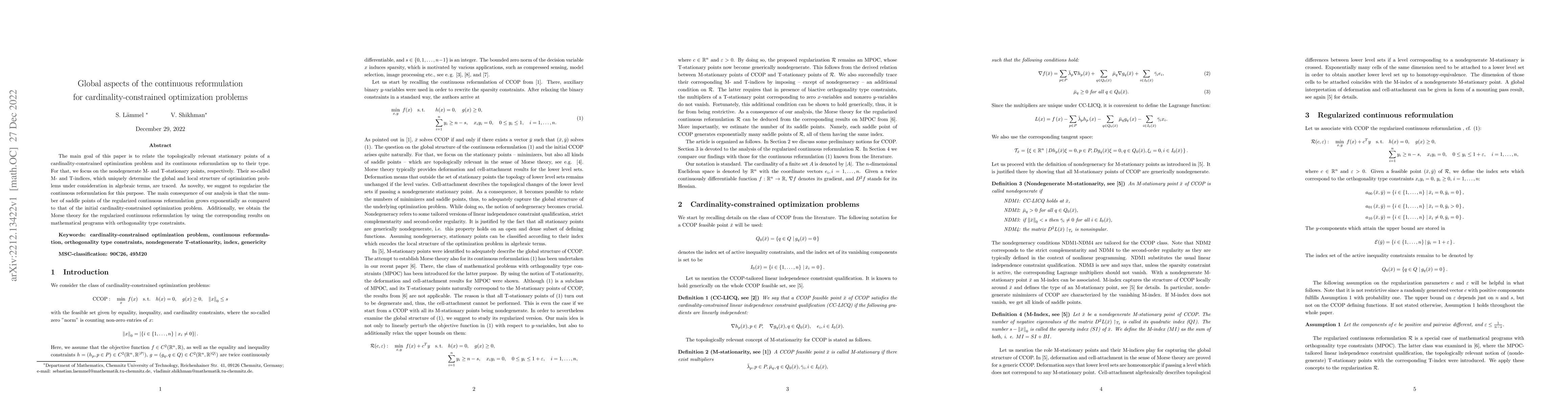 Thumbnail for Global aspects of the continuous reformulation for
  cardinality-constrained optimization problems
