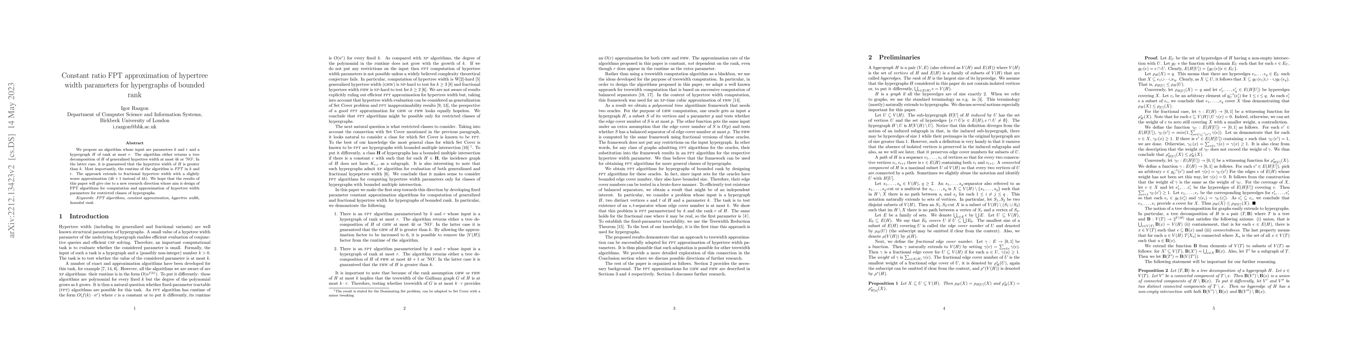 Thumbnail for Constant ratio FPT approximation of hypertree width parameters for
  hypergraphs of bounded rank