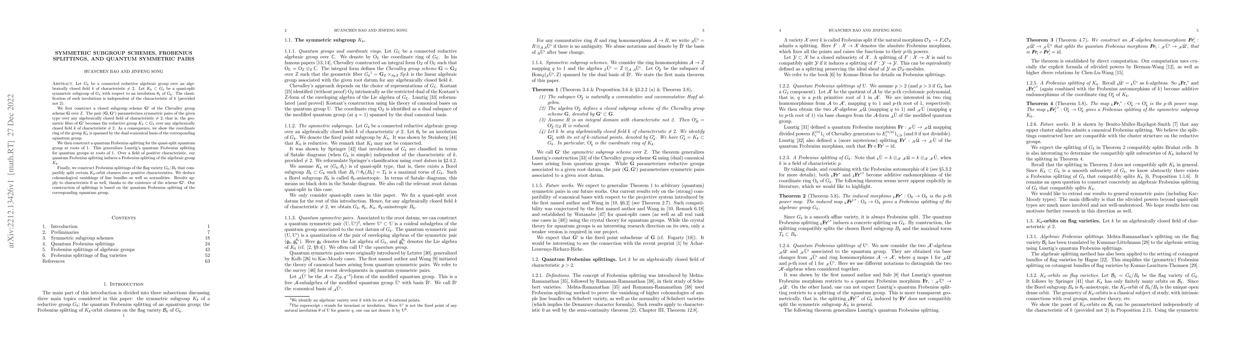 Thumbnail for Symmetric subgroup schemes, Frobenius splittings, and quantum symmetric
  pairs