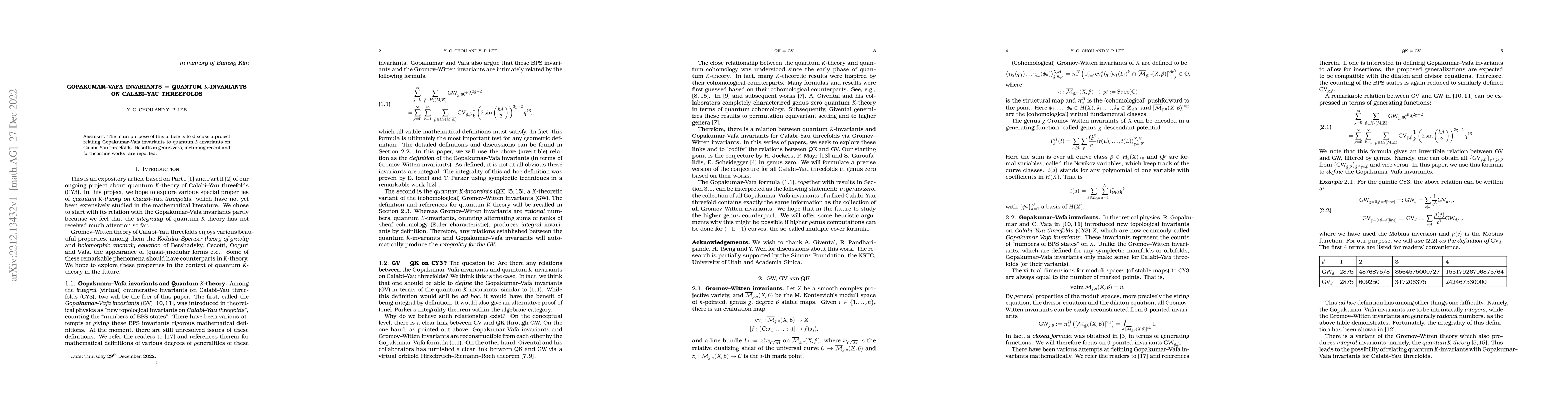Thumbnail for Gopakumar-Vafa Invariants = Quantum K-invariants on Calabi-Yau
  threefolds