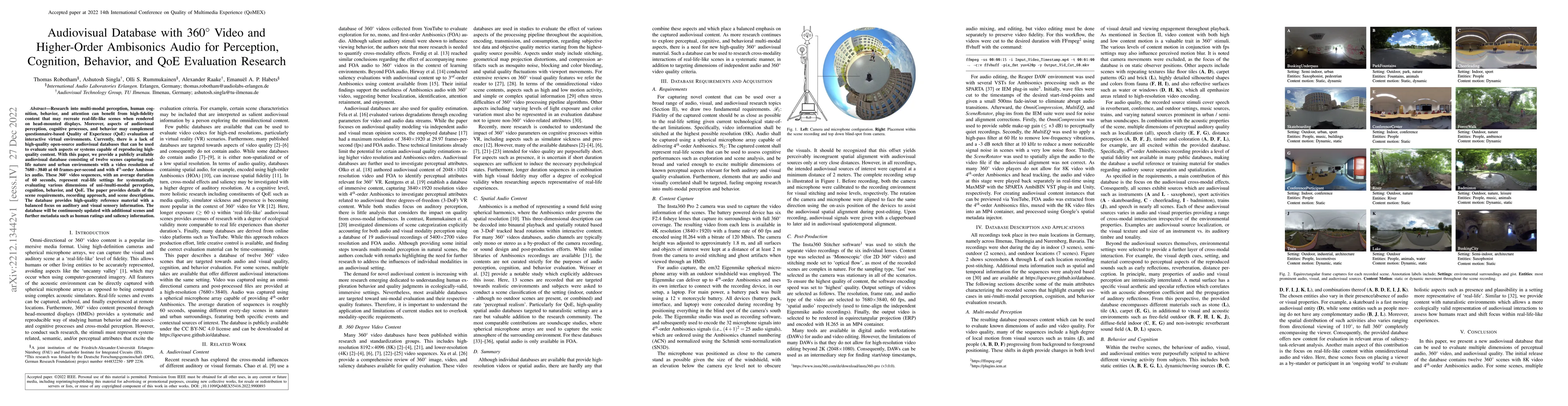 Thumbnail for Audiovisual Database with 360 Video and Higher-Order Ambisonics Audio
  for Perception, Cognition, Behavior, and QoE Evaluation Research