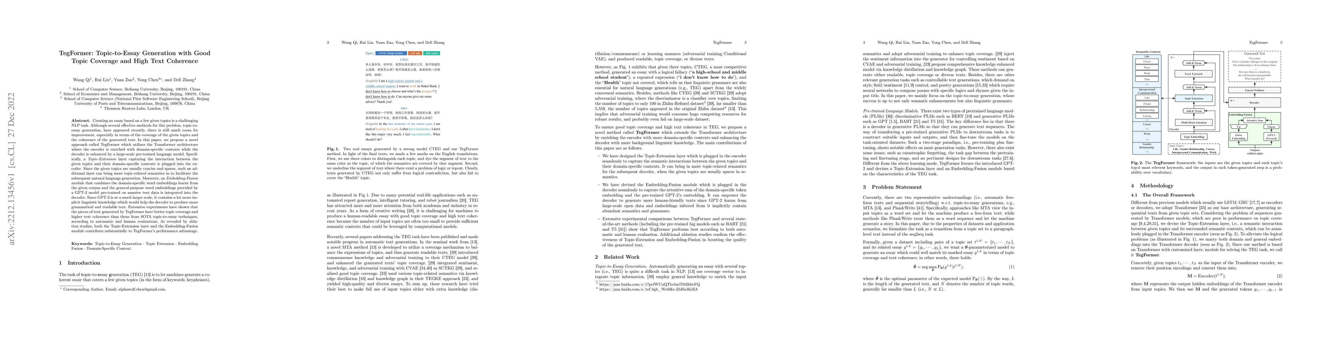 Thumbnail for TegFormer: Topic-to-Essay Generation with Good Topic Coverage and High
  Text Coherence