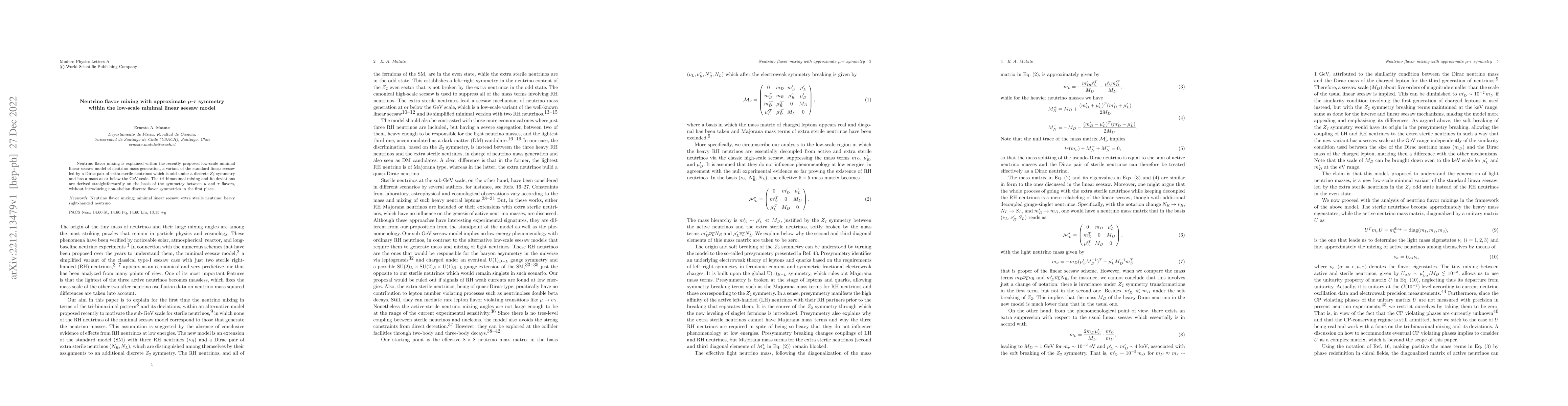 Thumbnail for Neutrino flavor mixing with approximate $\mu$-$\tau$ symmetry within the
  low-scale minimal linear seesaw model