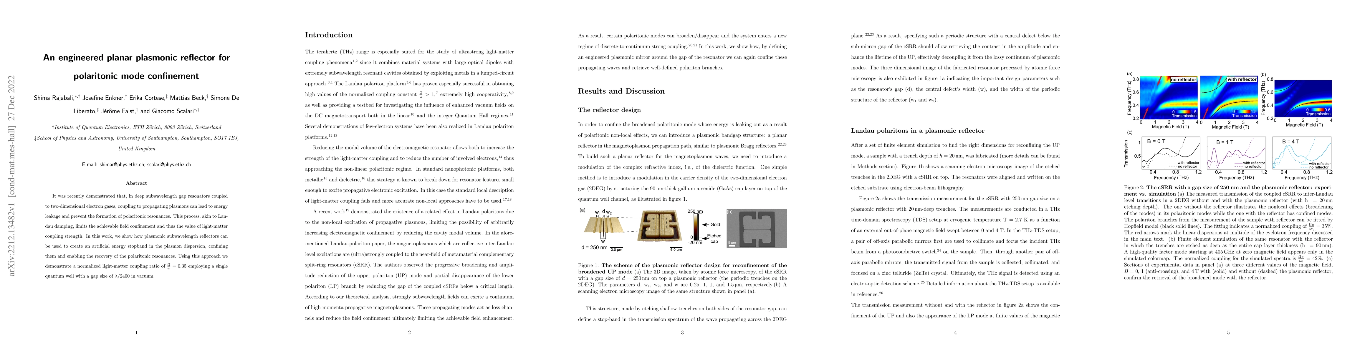 Thumbnail for An engineered planar plasmonic reflector for polaritonic mode
  confinement