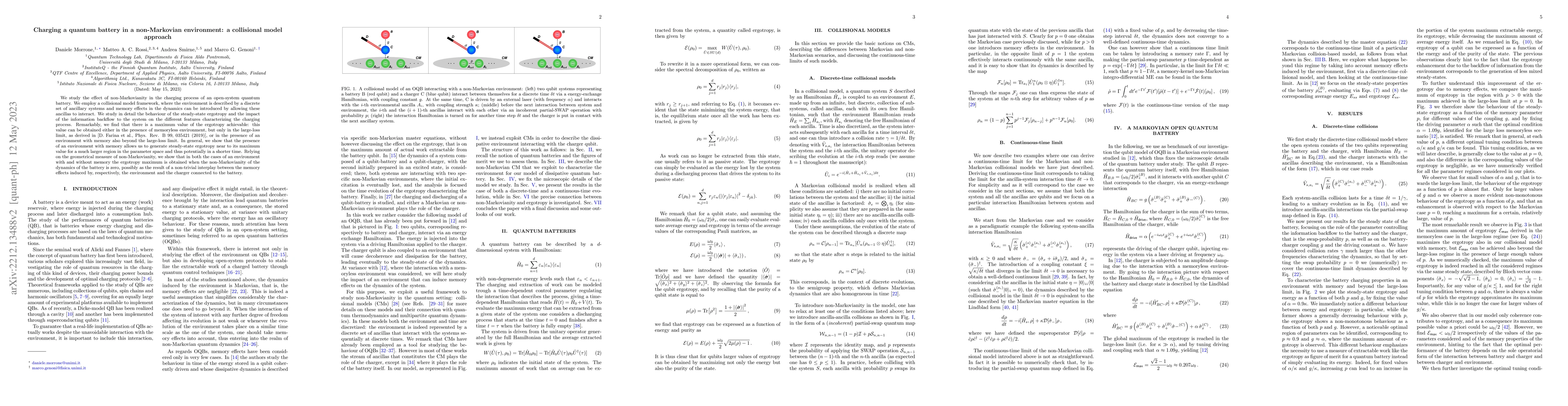 Thumbnail for Charging a quantum battery in a non-Markovian environment: a collisional
  model approach