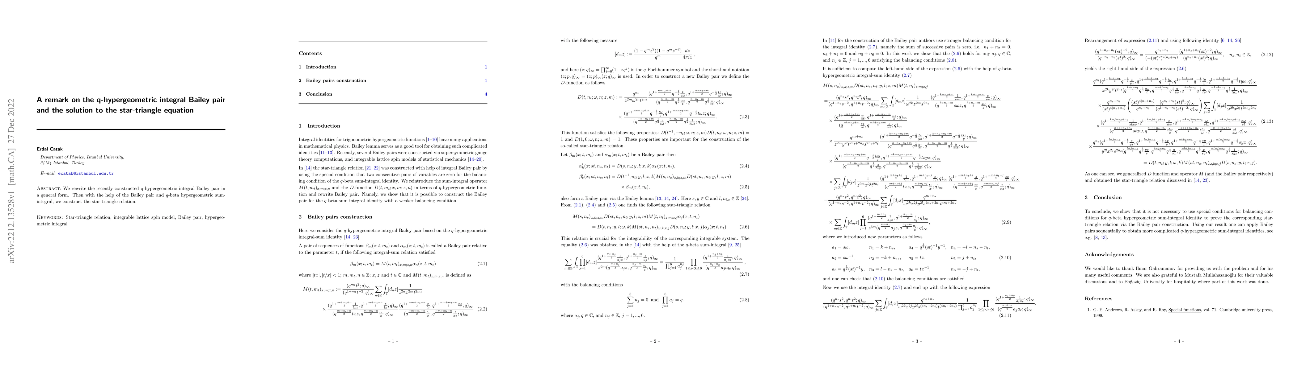 Thumbnail for A remark on the q-hypergeometric integral Bailey pair and the solution
  to the star-triangle equation