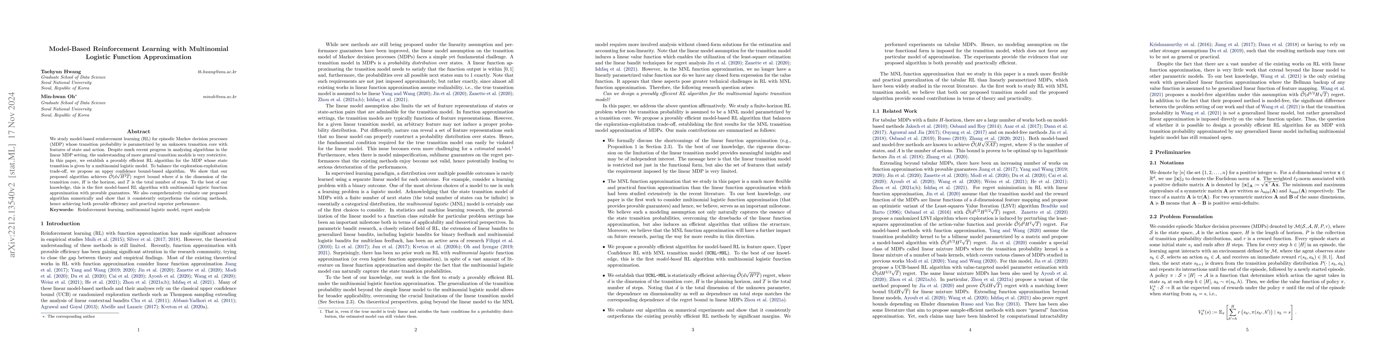 Thumbnail for Model-Based Reinforcement Learning with Multinomial Logistic Function
  Approximation