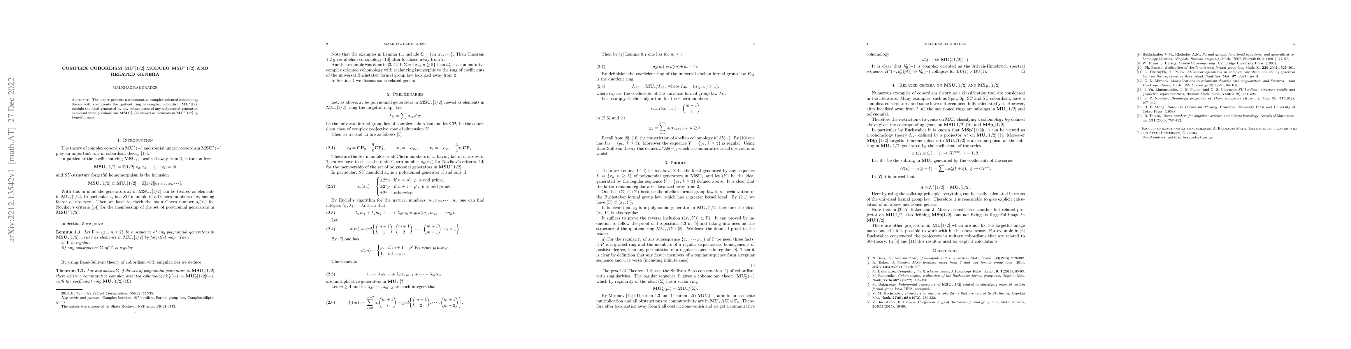 Thumbnail for Complex cobordism MU$^*[1/2]$ modulo MSU$^*[1/2]$ and related genera
