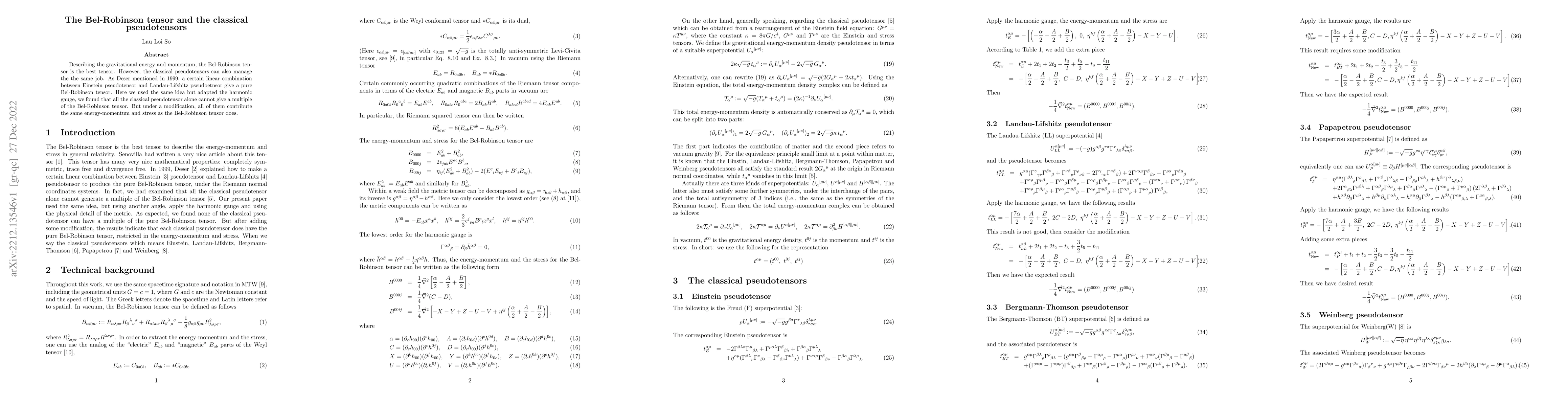 Thumbnail for The Bel-Robinson tensor and the classical pseudotensors