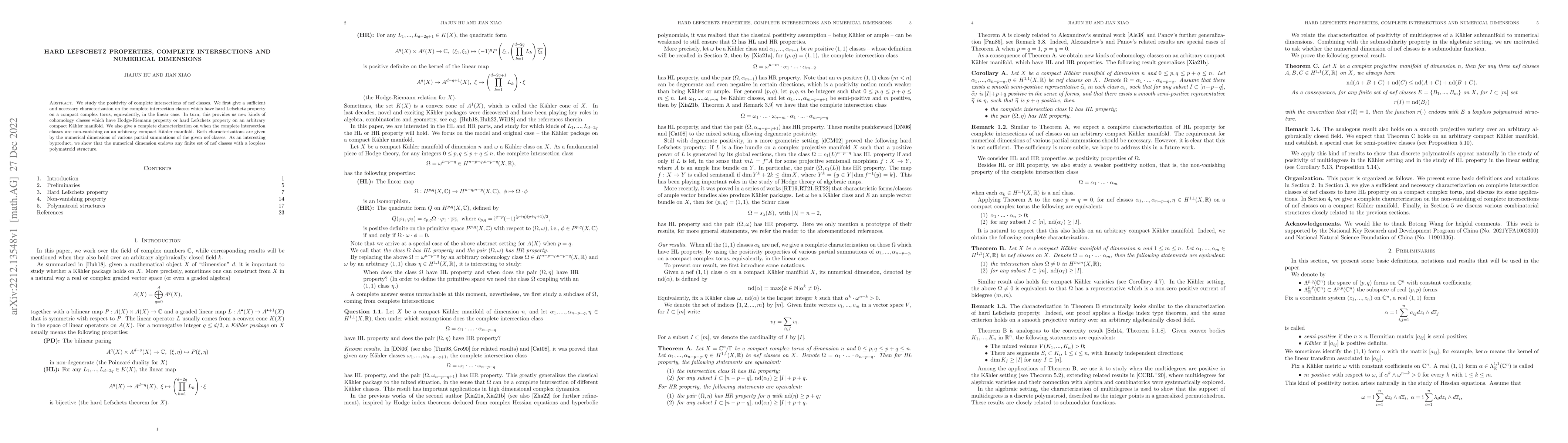 Thumbnail for Hard Lefschetz properties, complete intersections and numerical
  dimensions