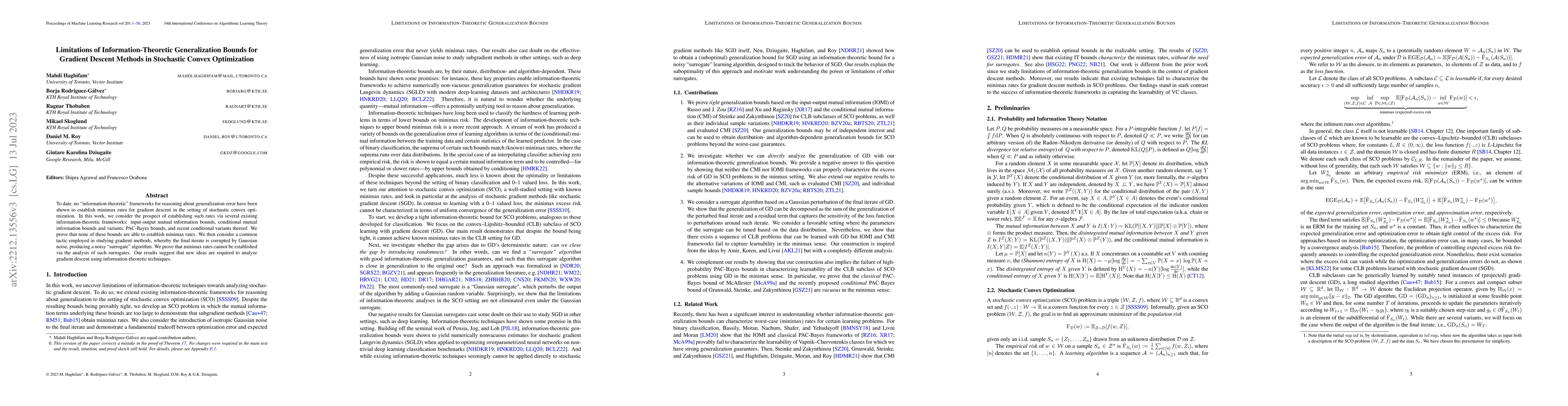 Thumbnail for Limitations of Information-Theoretic Generalization Bounds for Gradient
  Descent Methods in Stochastic Convex Optimization