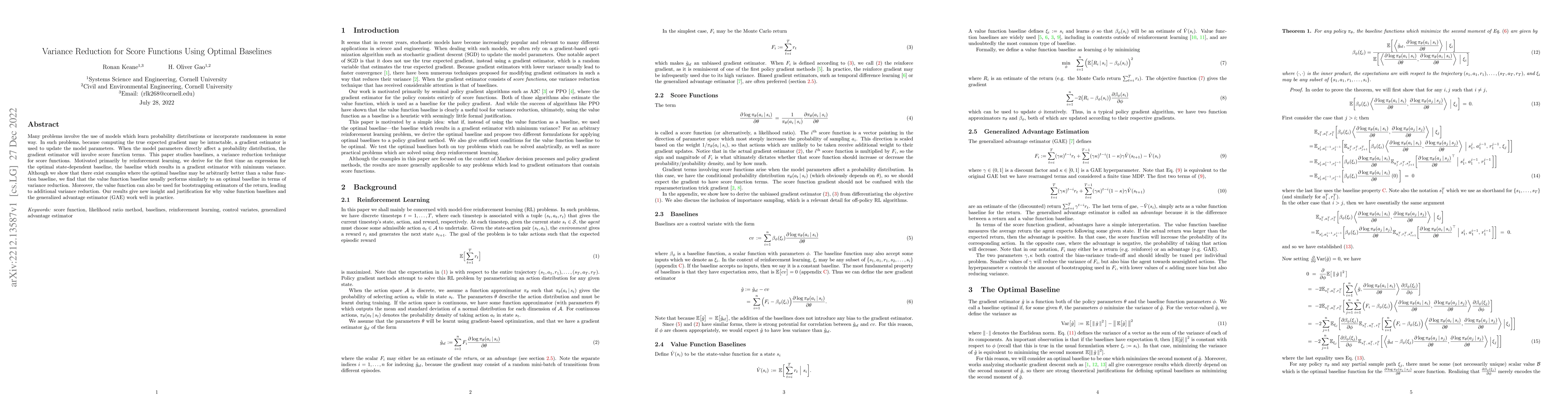 Thumbnail for Variance Reduction for Score Functions Using Optimal Baselines
