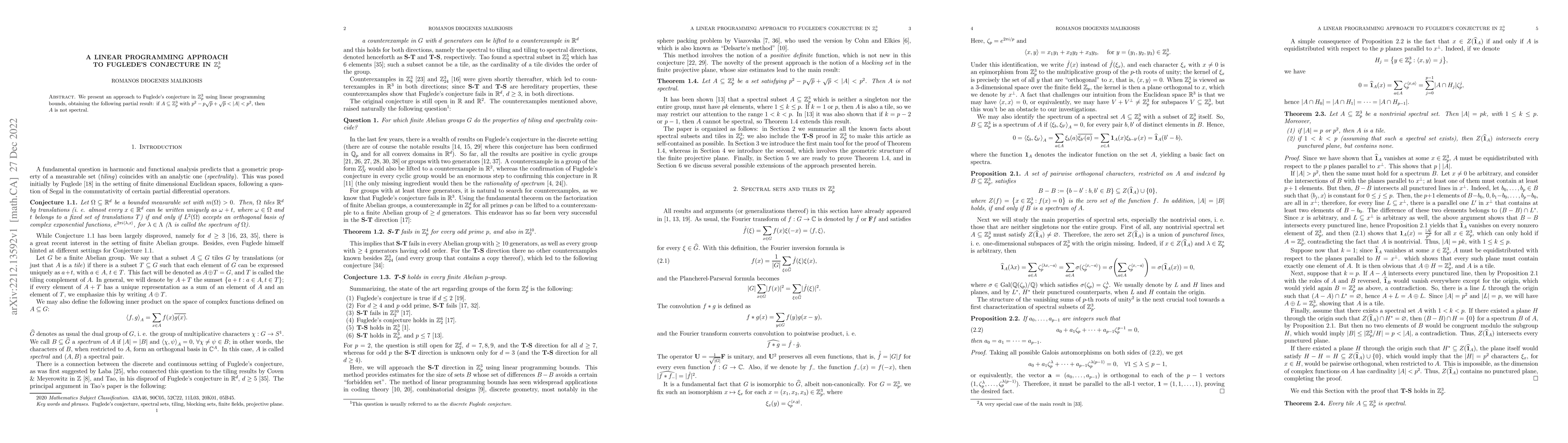 Thumbnail for A linear programming approach to Fuglede's conjecture in
  $\mathbb{Z}_p^3$