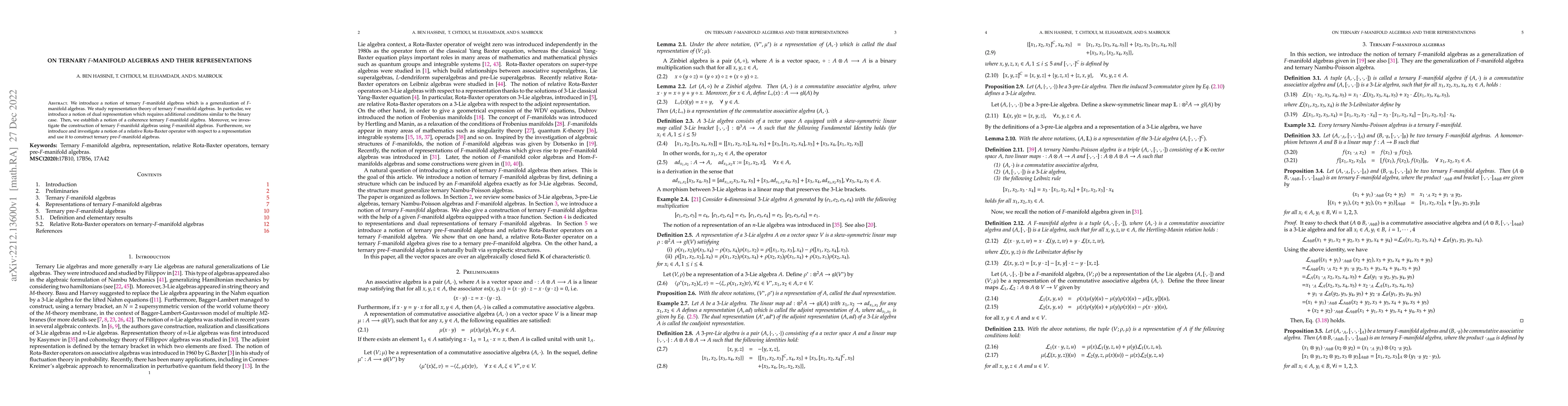 Thumbnail for On Ternary $F$-manifold Algebras and their Representations