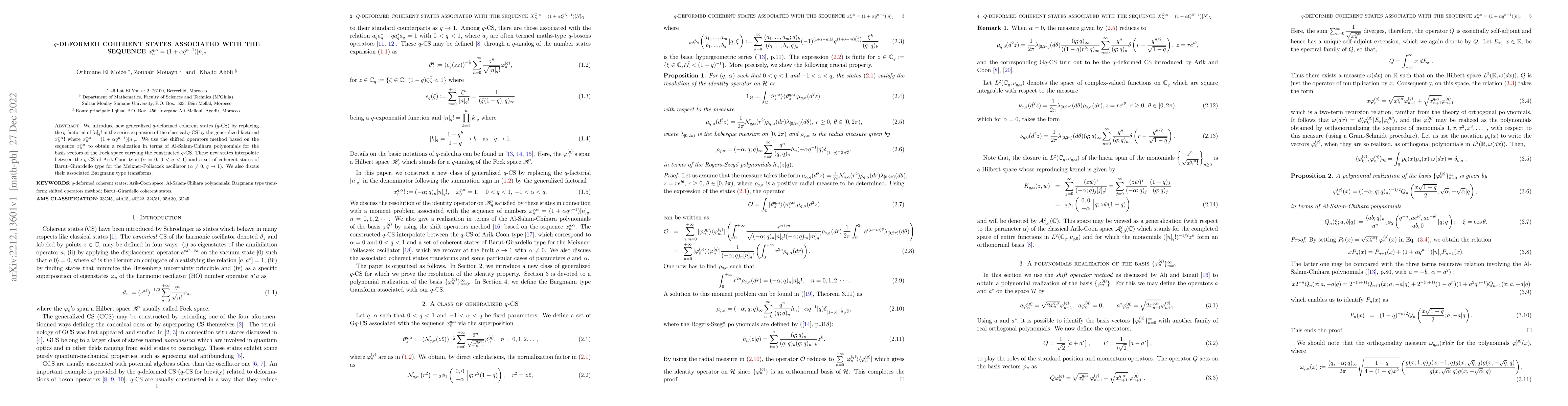 Thumbnail for $q$-deformed coherent states associated with the sequence $x_n^{q,\alpha
  }=(1+\alpha q^{n-1})[n]_q$