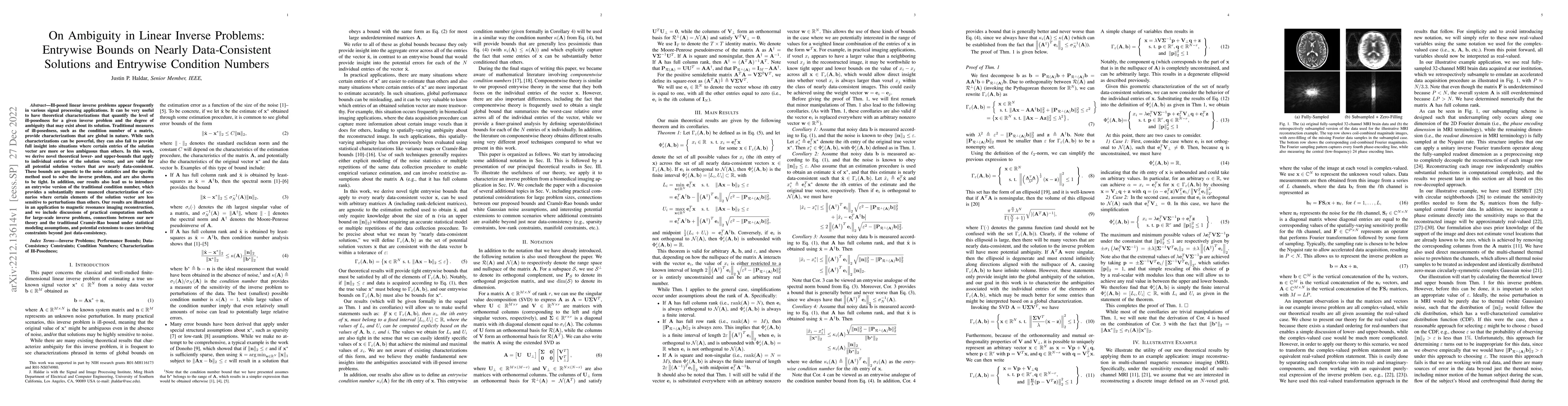Thumbnail for On Ambiguity in Linear Inverse Problems: Entrywise Bounds on Nearly
  Data-Consistent Solutions and Entrywise Condition Numbers
