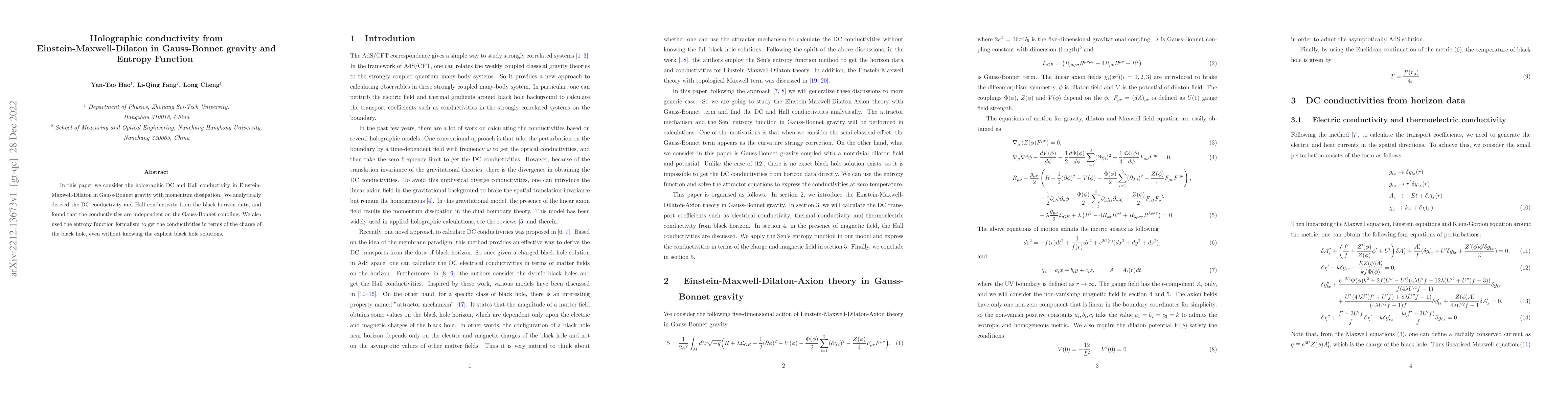 Thumbnail for Holographic conductivity from Einstein-Maxwell-Dilaton in Gauss-Bonnet
  gravity and Entropy Function