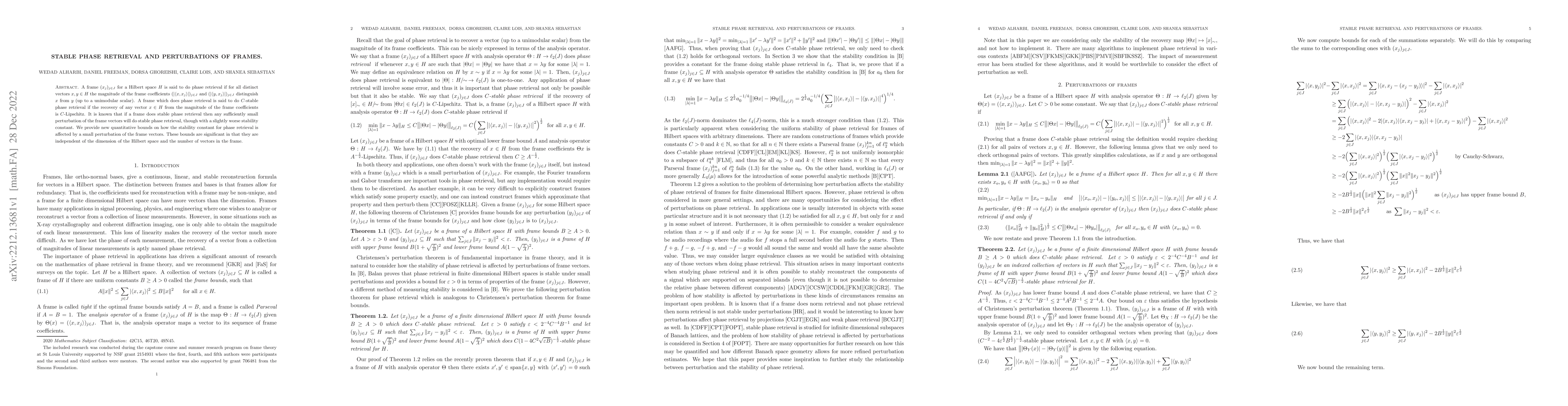 Thumbnail for Stable phase retrieval and perturbations of frames