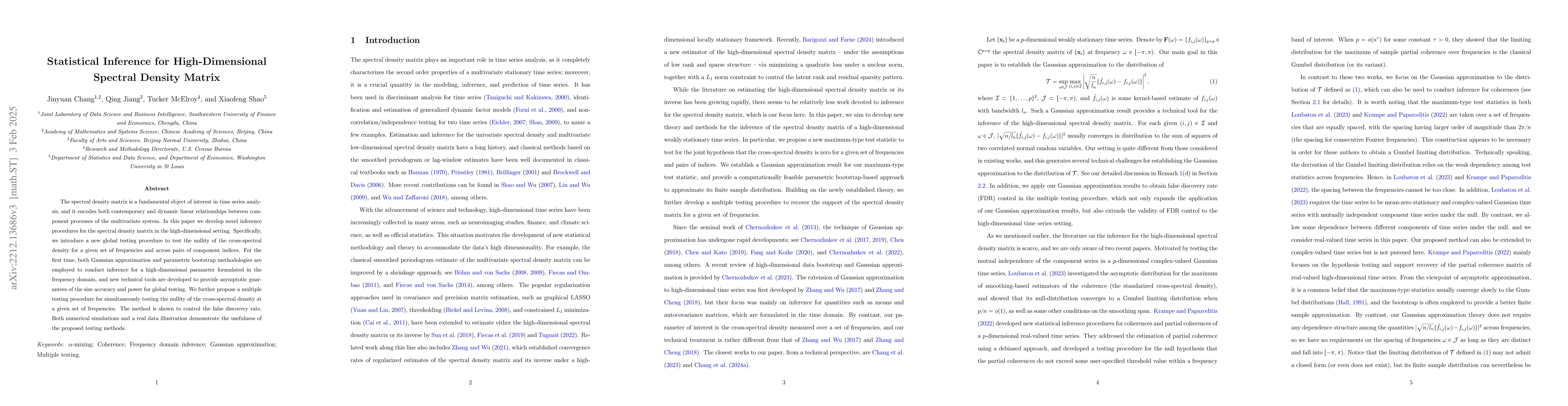 Thumbnail for Statistical inference for high-dimensional spectral density matrix