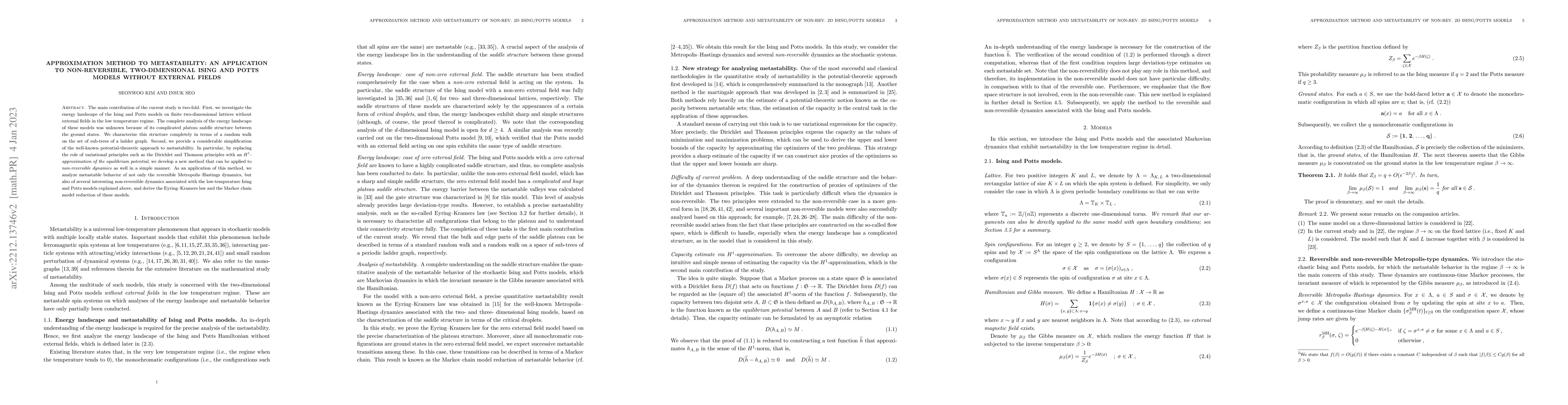 Thumbnail for Approximation method to metastability: an application to non-reversible,
  two-dimensional Ising and Potts models without external fields