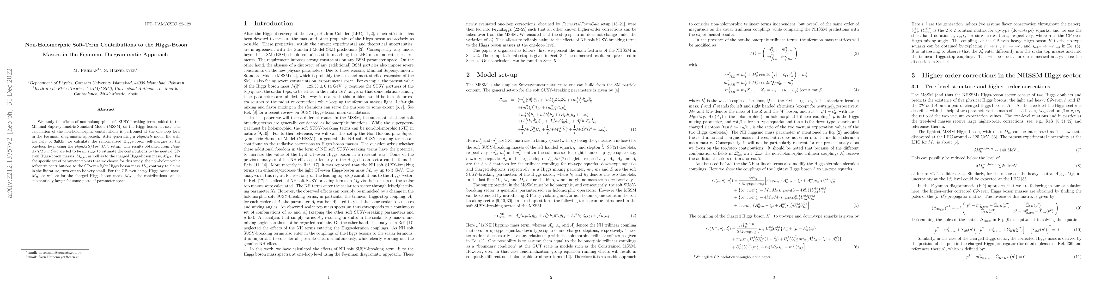 Thumbnail for Non-Holomorphic Soft-Term Contributions to the Higgs-Boson Masses in the
  Feynman Diagrammatic Approach
