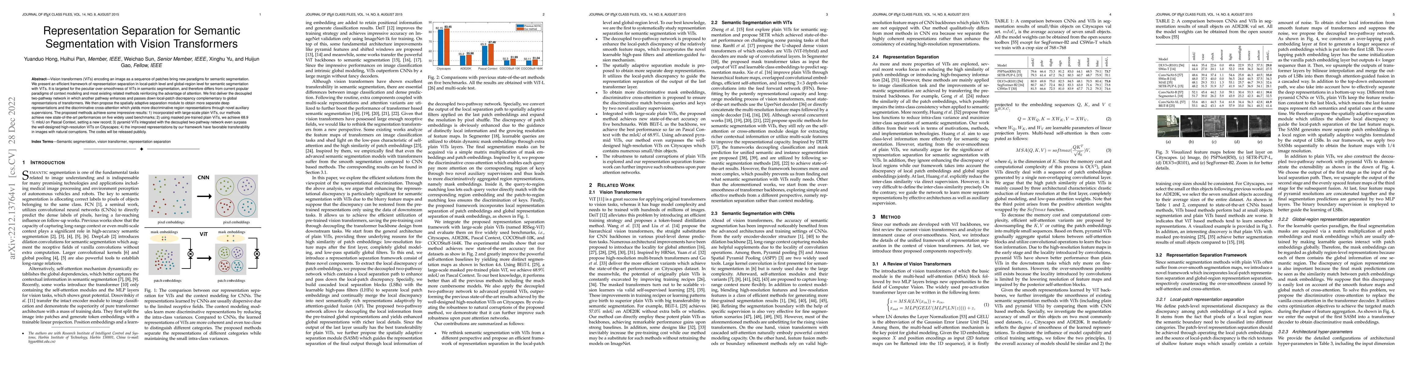 Thumbnail for Representation Separation for Semantic Segmentation with Vision
  Transformers