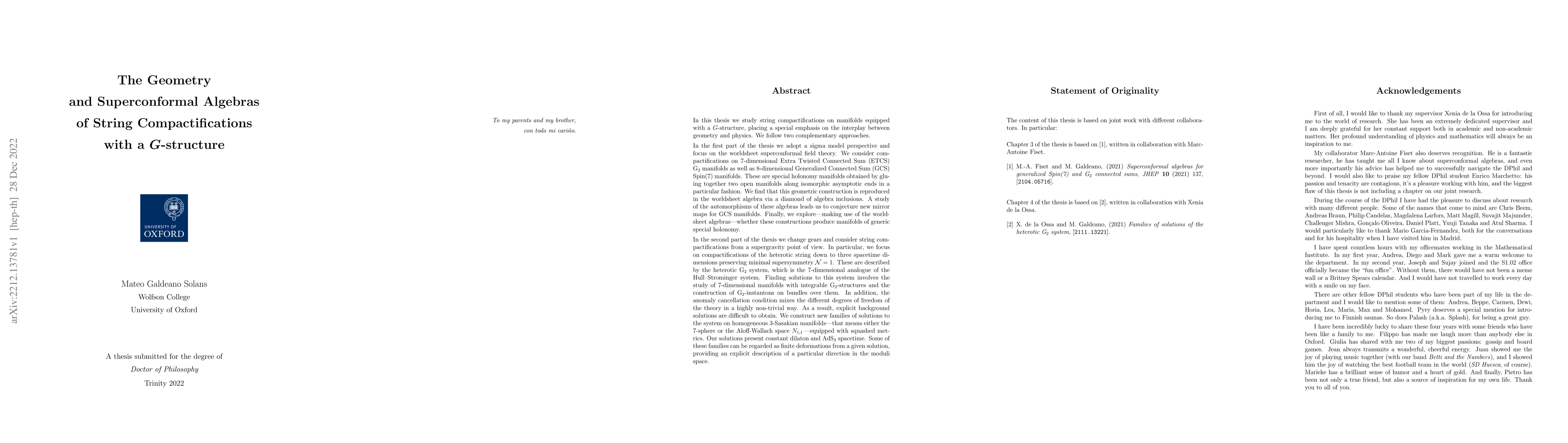 Thumbnail for The Geometry and Superconformal Algebras of String Compactifications
  with a $G$-structure