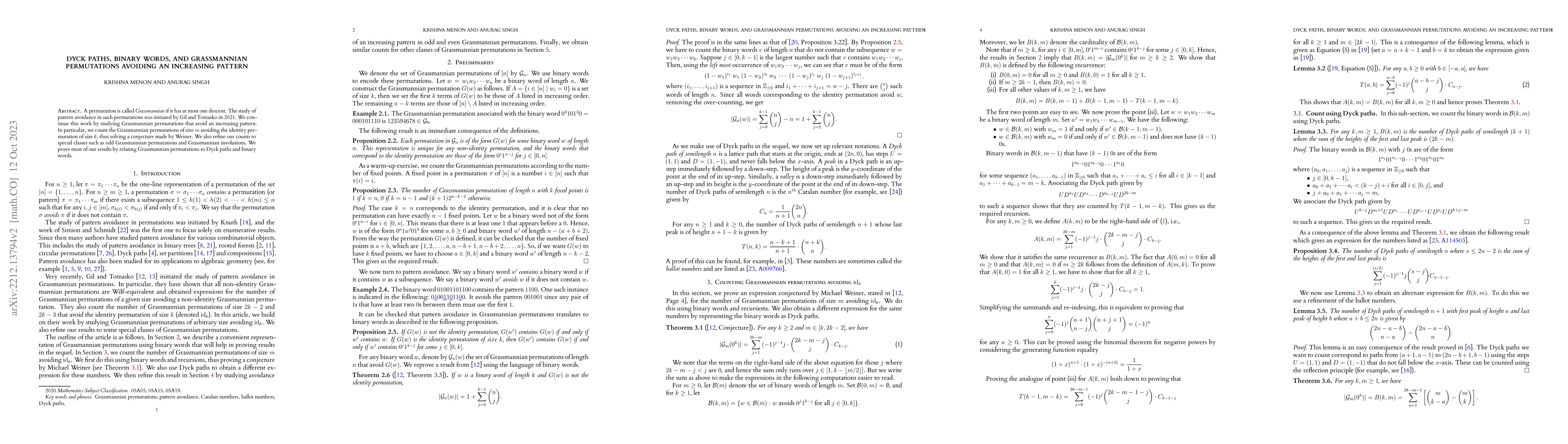 Thumbnail for Dyck paths, binary words, and Grassmannian permutations avoiding an
  increasing pattern