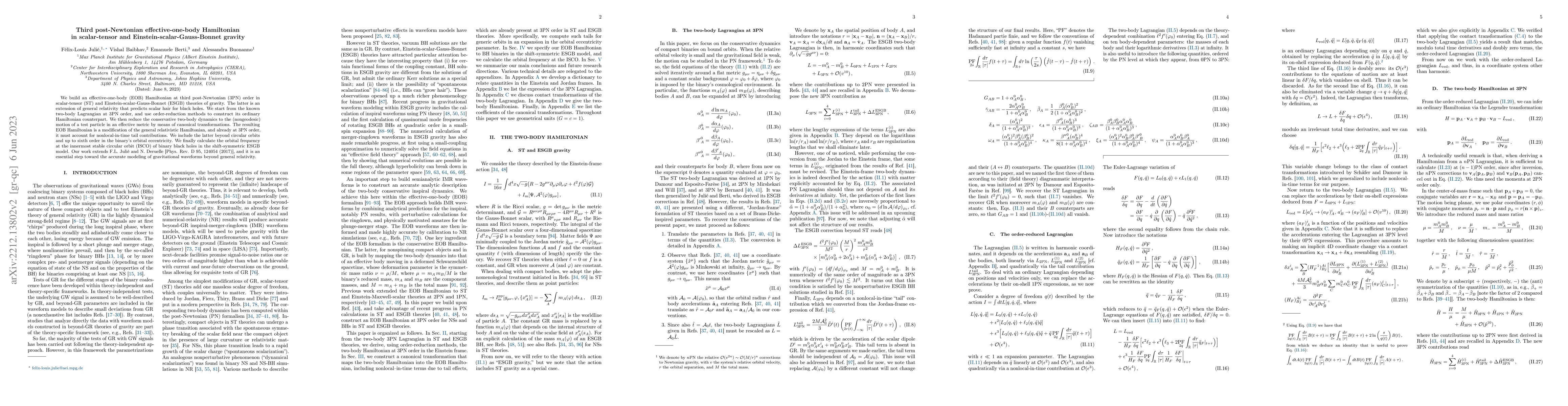 Thumbnail for Third post-Newtonian effective-one-body Hamiltonian in scalar-tensor and
  Einstein-scalar-Gauss-Bonnet gravity