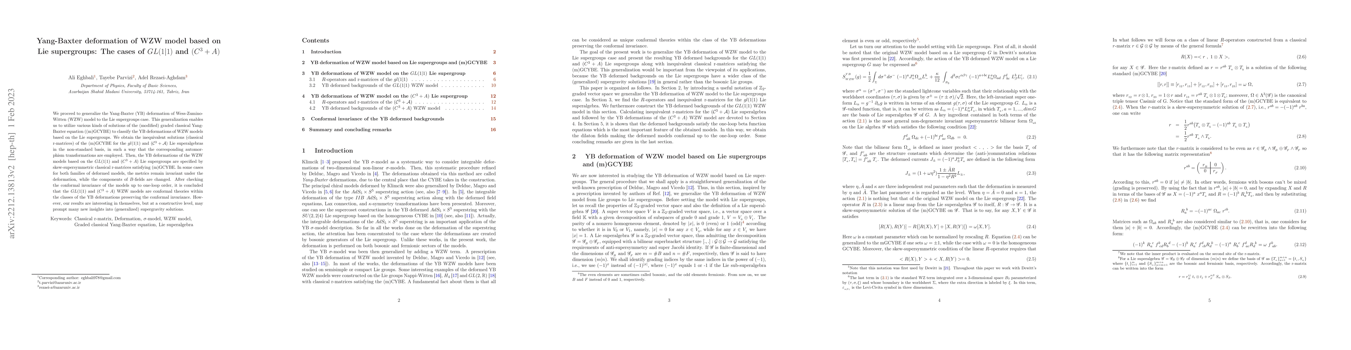 Thumbnail for Yang-Baxter deformation of WZW model based on Lie supergroups: The cases
  of $GL(1|1)$ and $(C^3 +A)$