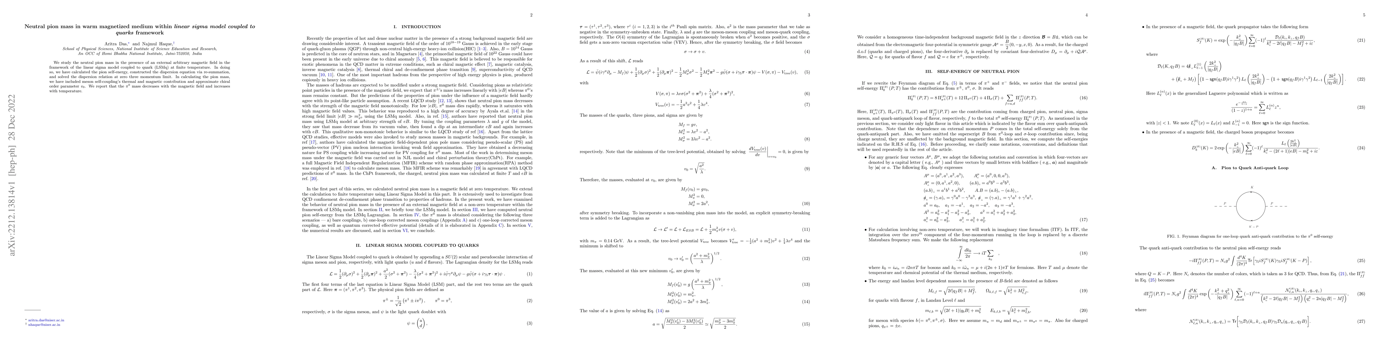 Thumbnail for Neutral pion mass in warm magnetized medium within Linear Sigma Model
  coupled to Quarks $\left(\text{LSM}_q\right)$ framework